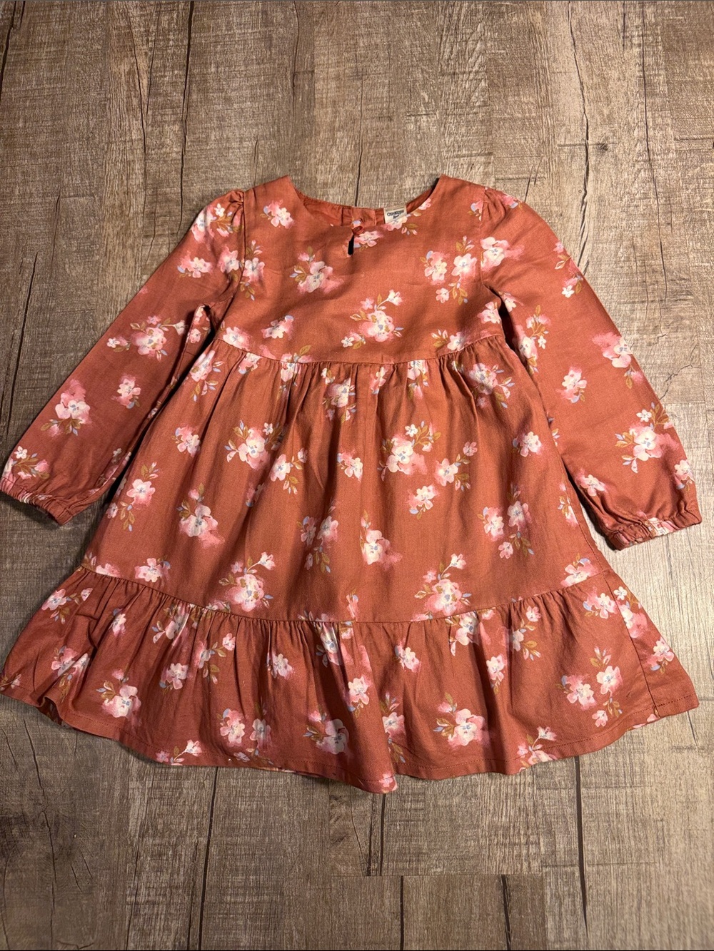 5/$15 OshKosh B'gosh Rust Floral Long-Sleeve Tiered Dress Pink Blossoms size 4